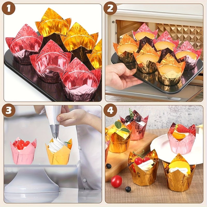 Golden White Tulip Flame Cupcake Liners 50pcs Oil Resistant Thickened Paper Baking Cups - Image 5