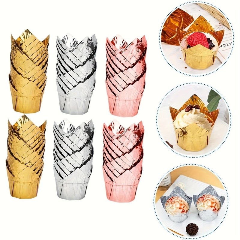 Golden White Tulip Flame Cupcake Liners 50pcs Oil Resistant Thickened Paper Baking Cups - Image 1