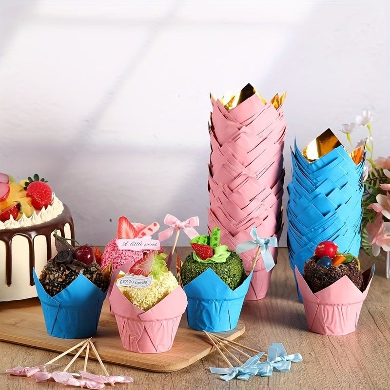 Golden White Tulip Flame Cupcake Liners 50pcs Oil Resistant Thickened Paper Baking Cups - Image 4