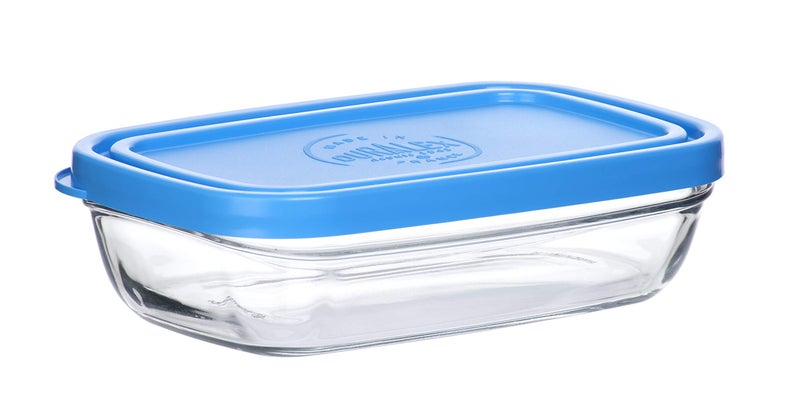 Duralex Freshbox Tempered Glass Solid Rectangular Bowls with Blue Lid (Transparent, 5 7/8" 370 ml, 9055AM) - Image 3