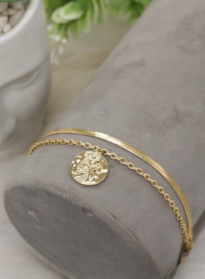 Women's Double Design Bracelet Adorned with Engraved Pendant and Artistic Details Made of Stainless Steel 