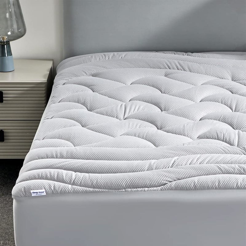 SLEEP ZONE Cooling Twin Mattress Topper for Single Bed Premium Zoned Quilted Mattress Pad Fitted Mattress Protector Cover Machine Wash Durable Deep Pocket 821 inch Silver Grey Twin