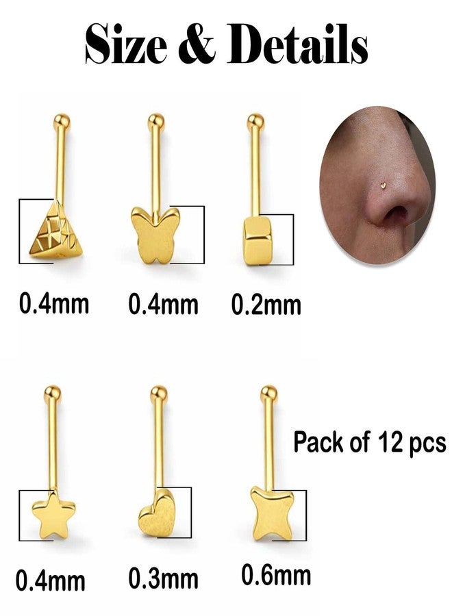 VAMA FASHIONS 12Pcs 18K Gold Plated Stainless Steel Anti Tarnish Mini Nosepin Piercing Nose Ring Hypoallergenic Pierced Nose Studs Small Tiny Nosering Pins Set for Women - Image 3