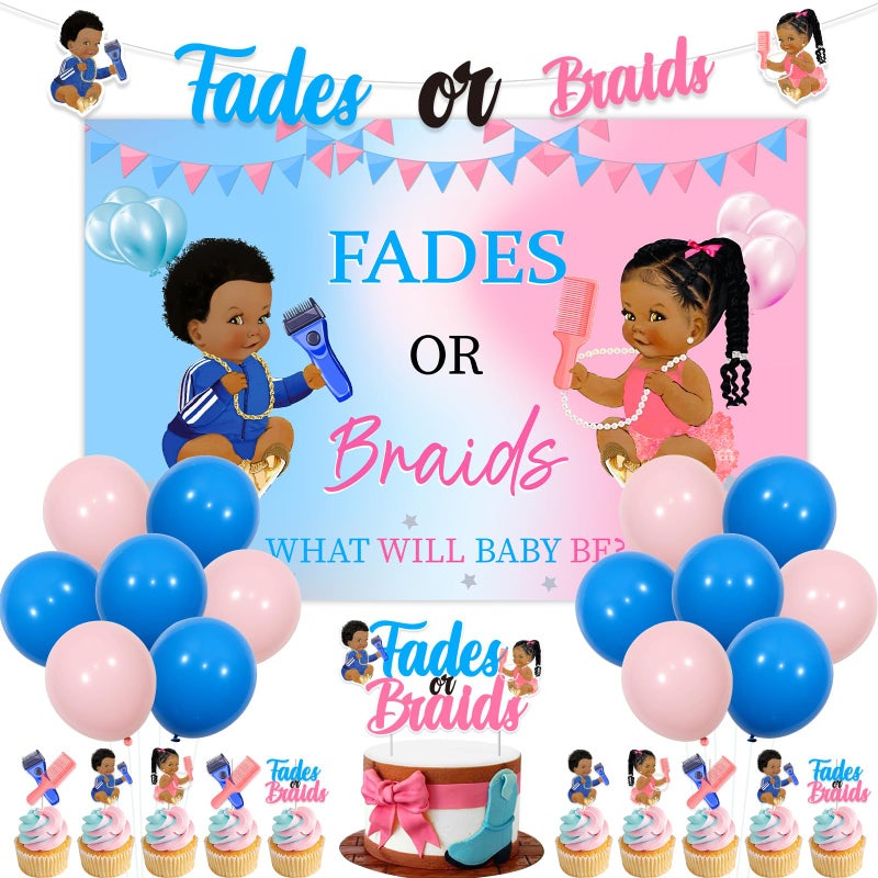 Funmemoir Fades or Braids Gender Reveal Decorations - Fades or Braids What Will Baby Be Backdrop, Banner, Cake Toppers, Balloons for Boy or Girl Gender Reveal Baby Shower Party Supplies - Image 3