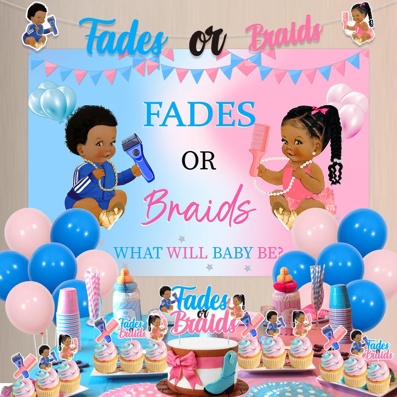 Funmemoir Fades or Braids Gender Reveal Decorations - Fades or Braids What Will Baby Be Backdrop, Banner, Cake Toppers, Balloons for Boy or Girl Gender Reveal Baby Shower Party Supplies - Image 2