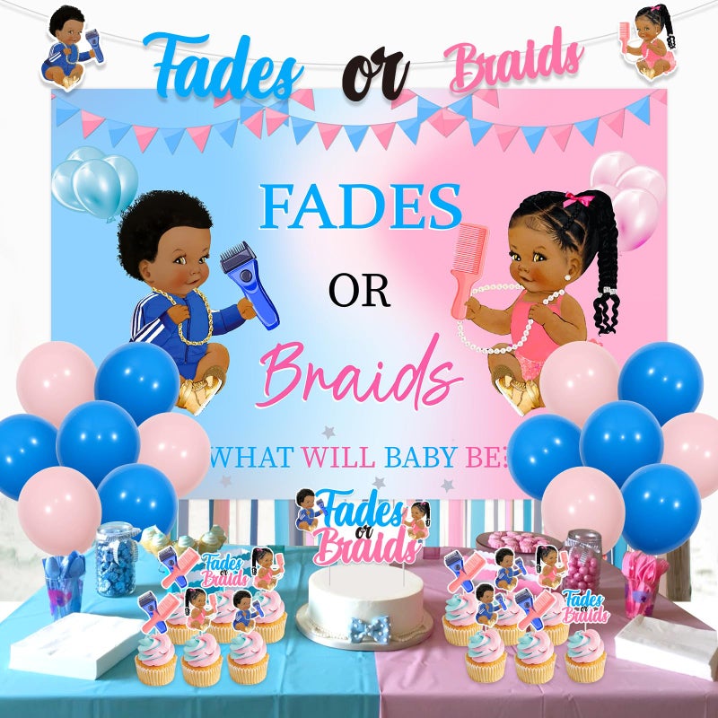 Funmemoir Fades or Braids Gender Reveal Decorations - Fades or Braids What Will Baby Be Backdrop, Banner, Cake Toppers, Balloons for Boy or Girl Gender Reveal Baby Shower Party Supplies - Image 1