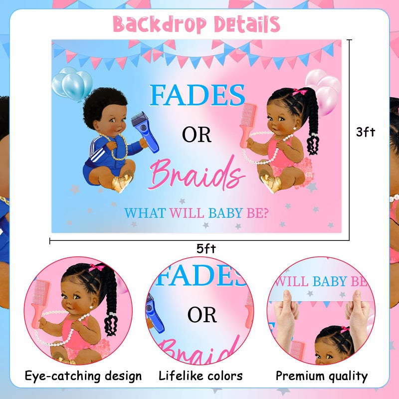 Funmemoir Fades or Braids Gender Reveal Decorations - Fades or Braids What Will Baby Be Backdrop, Banner, Cake Toppers, Balloons for Boy or Girl Gender Reveal Baby Shower Party Supplies - Image 5