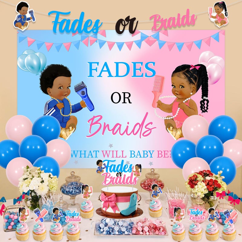 Funmemoir Fades or Braids Gender Reveal Decorations - Fades or Braids What Will Baby Be Backdrop, Banner, Cake Toppers, Balloons for Boy or Girl Gender Reveal Baby Shower Party Supplies - Image 4