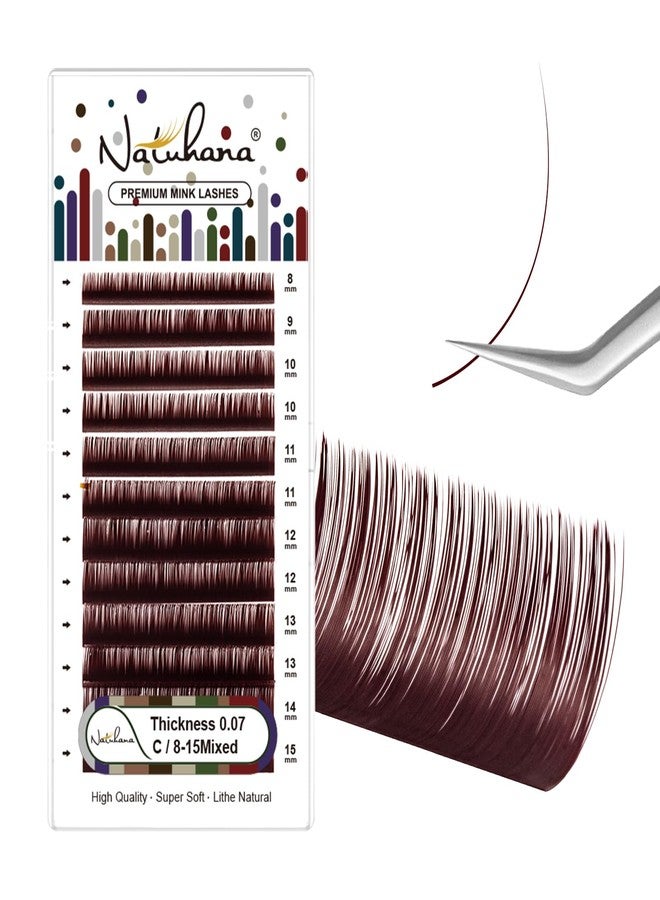 NATUHANA Colored Volume Eyelash Extensions 0.07mm C Curl 8-15mm Mixed & Single Length Tray Soft Individual Lashes, Professional Supplies for Lash Techs(Burgundy,0.07 C,8-15 MIX) - Image 1