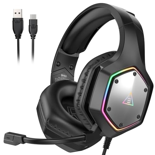 EKSA E1000 V2 Gaming Headset, PC Headset with USB C Plug, Wired Headphones with Noise Canceling Microphone, 7.1 Surround Sound, RGB Light, include USB Adapter for Computer,Mac, PS4/PS5 Console, Laptop - Image 1