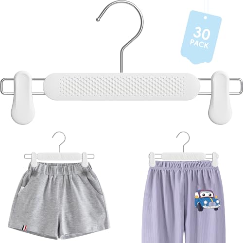 Funamily Baby Kids Pants Hangers with Clips 30 Pack, Frosted Embossing Adjustable Heavy Duty Skirt Hangers for Women Toddler, Children, Space Saving Non-Slip with 360° Swivel Hook (White) - Image 1