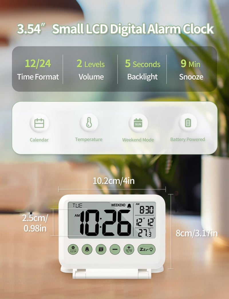 MeesMeek ساعة منبه رقمية للسفر من MeesMeek - شاشة LCD مقاس 3.54 بوصة، غفوة لمدة 9 دقائق ومستوى صوت وبطارية خلفية (أبيض) - Image 2