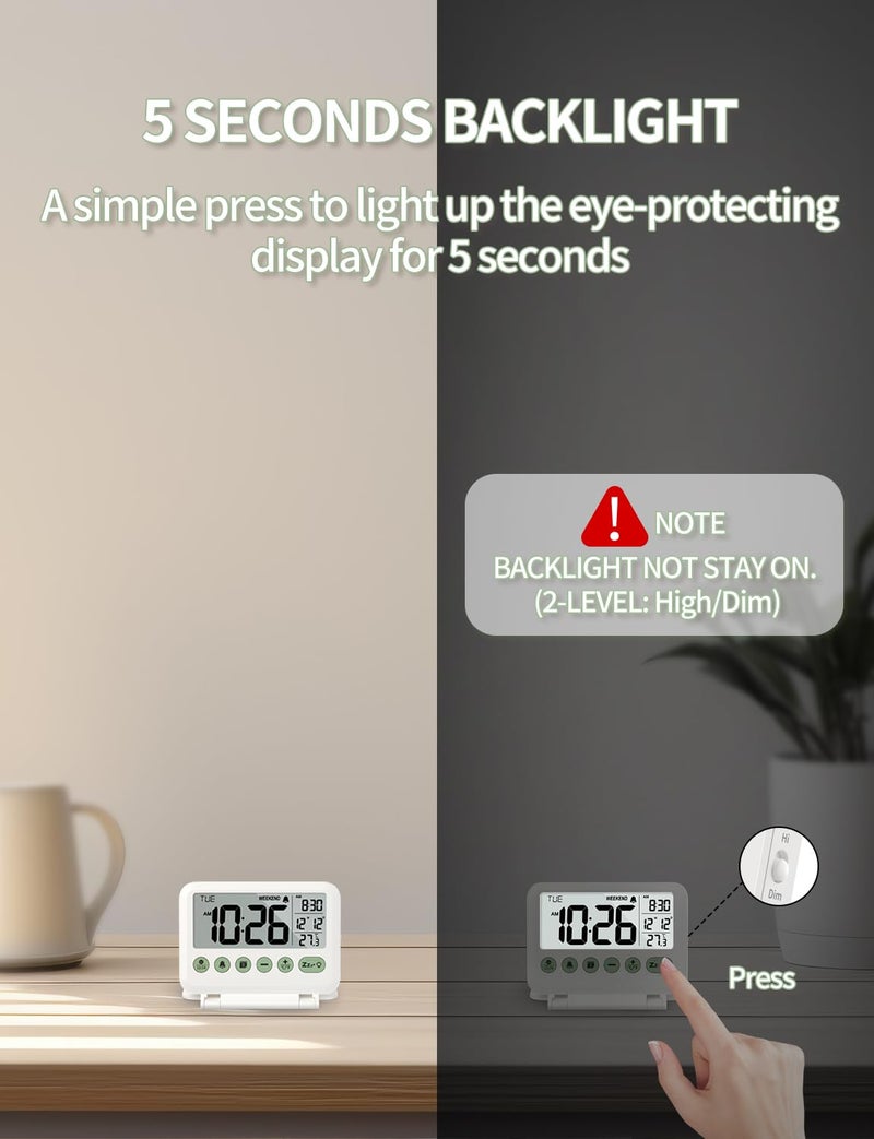 MeesMeek ساعة منبه رقمية للسفر من MeesMeek - شاشة LCD مقاس 3.54 بوصة، غفوة لمدة 9 دقائق ومستوى صوت وبطارية خلفية (أبيض) - Image 4