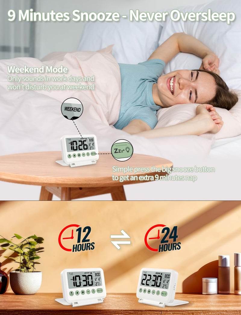 MeesMeek ساعة منبه رقمية للسفر من MeesMeek - شاشة LCD مقاس 3.54 بوصة، غفوة لمدة 9 دقائق ومستوى صوت وبطارية خلفية (أبيض) - Image 3