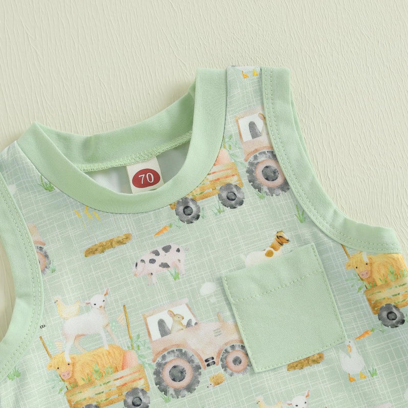 CIYCUIT 2Pcs Baby Boy Summer Clothes Farm Printed Tank Top Shorts Set Green 12-18 Months - Image 5