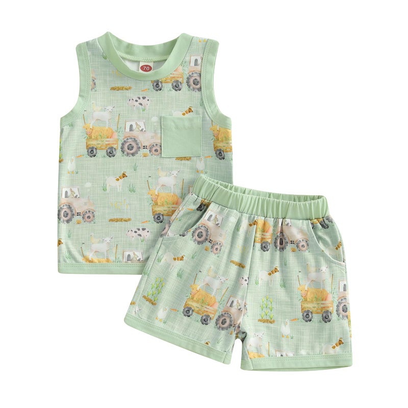 CIYCUIT 2Pcs Baby Boy Summer Clothes Farm Printed Tank Top Shorts Set Green 12-18 Months - Image 1
