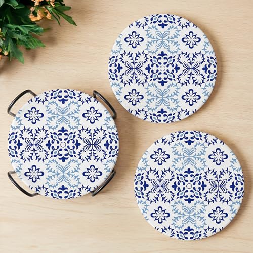 Decor & More - Ceramic Coasters with Matt Finish On Top & Cork Base | Coasters for Cups Set of 6 | Marble Style Ceramic Coaster for Tea, Coffee Table & Dining Table with Metal Holder - Image 1