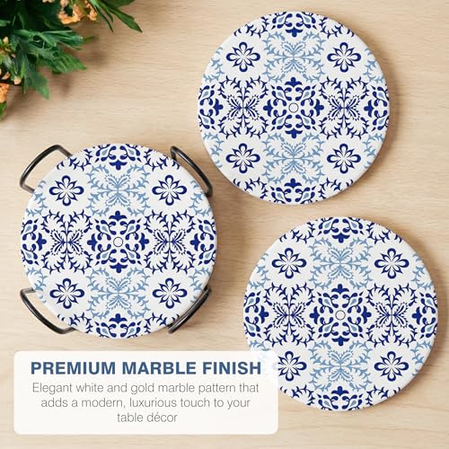 Decor & More - Ceramic Coasters with Matt Finish On Top & Cork Base | Coasters for Cups Set of 6 | Marble Style Ceramic Coaster for Tea, Coffee Table & Dining Table with Metal Holder - Image 4