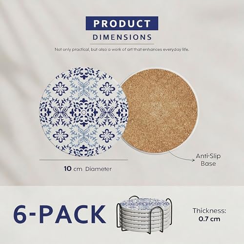 Decor & More - Ceramic Coasters with Matt Finish On Top & Cork Base | Coasters for Cups Set of 6 | Marble Style Ceramic Coaster for Tea, Coffee Table & Dining Table with Metal Holder - Image 2