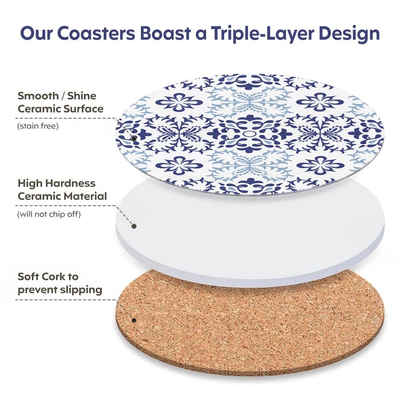 Decor & More - Ceramic Coasters with Matt Finish On Top & Cork Base | Coasters for Cups Set of 6 | Marble Style Ceramic Coaster for Tea, Coffee Table & Dining Table with Metal Holder - Image 5