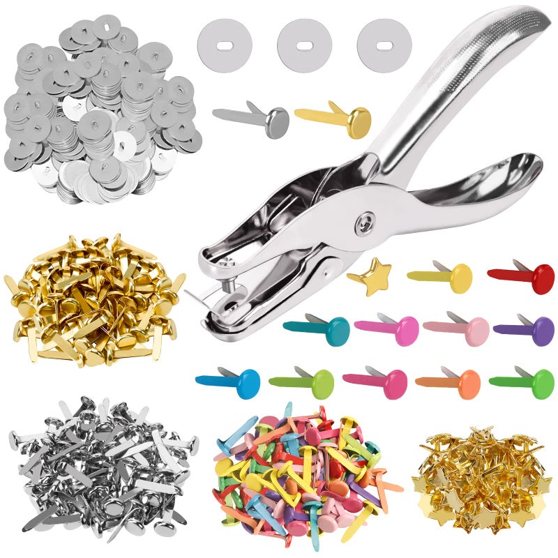 Machomby 200 Pieces Paper Fasteners Brads, Multi Color Mini Brads Round Fasteners with 200 Pieces Silver Washers and Single Hole Metal Punch Pliers, Metal Paper Brads for Craft, Scrapbooking, DIY Supplies - Image 1