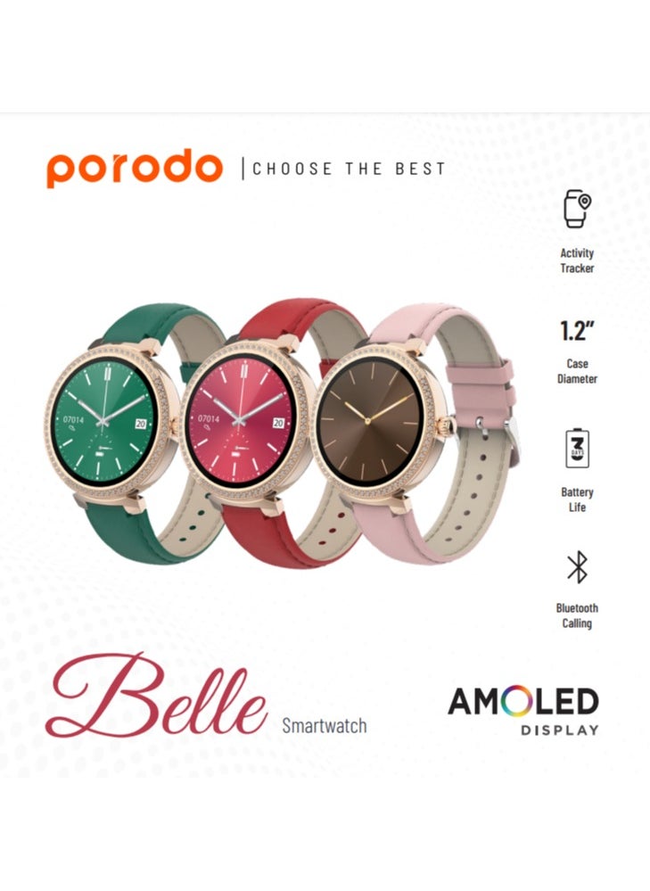 porodo Belle Lady Smart Watch Rose Gold dial and Red Strap with AMOLED Display / IP68 Water Resistance / Activity tracker / 180mAh, 3 Days Battery life / Zinc Alloy + ABS - Pink  - Image 2