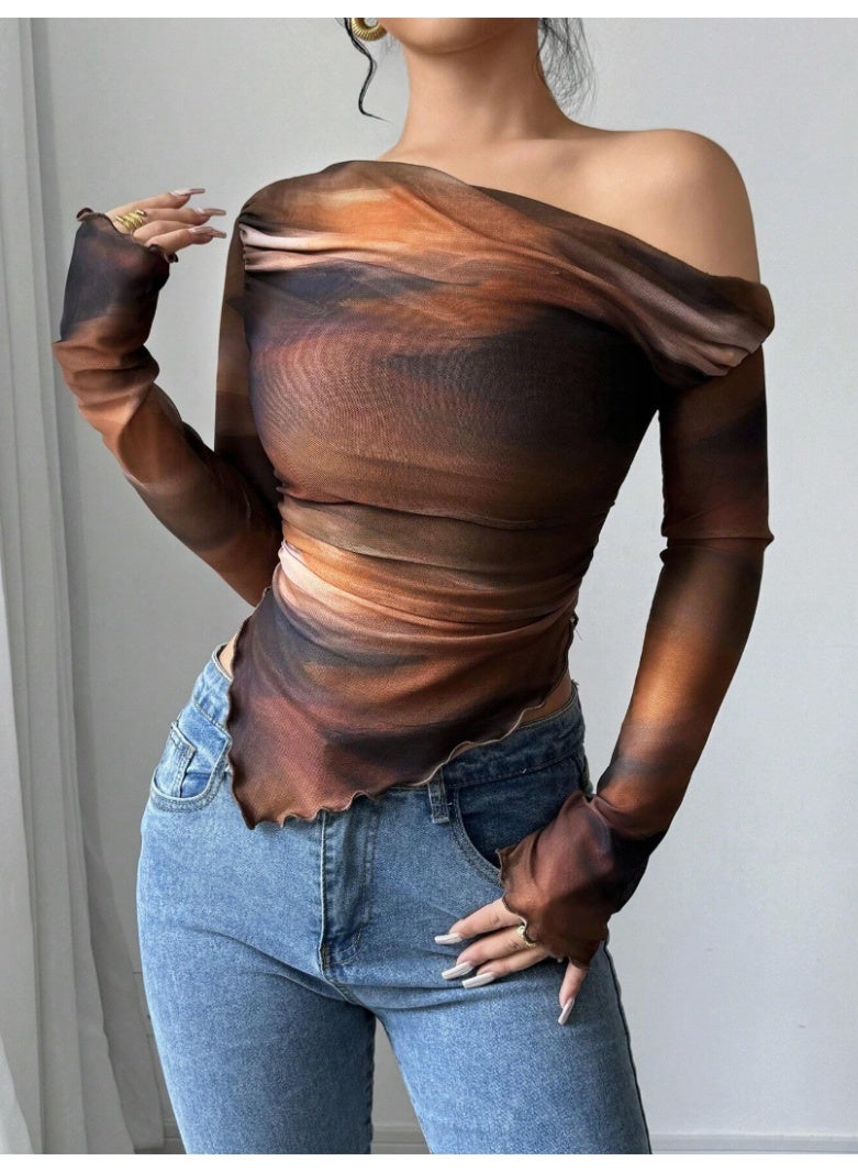 شي إن تي شيرت نسائي من بأكمام طويلة ورقبة غير متماثلة وطباعة ربطة عنق مصبوغة - Image 2