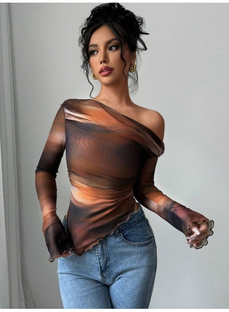 شي إن تي شيرت نسائي من بأكمام طويلة ورقبة غير متماثلة وطباعة ربطة عنق مصبوغة - Image 4