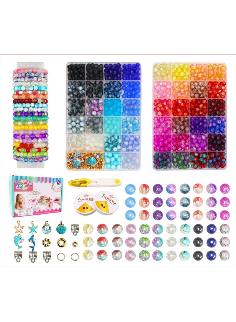 Capstro 1190PCS Crack Glass Beads Kit – 8mm DIY Bracelet Making Set with 48 Grid Organizer Box, Charms, Elastic String & Beading Needle for Jewelry Craft Gift for Girls & Kids – Rainbow Mix - Image 1
