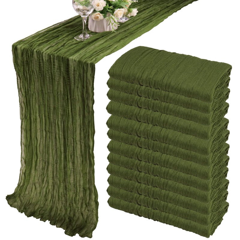 Fivenl 12 Pack 10Ft Cheesecloth Table Runner 35x120 Inch Boho Gauze Table Runner Rustic Cheese Cloth Long Romantic Table Runners for Wedding Bridal Shower Birthday Party Table Decor (Grass Green) - Image 1