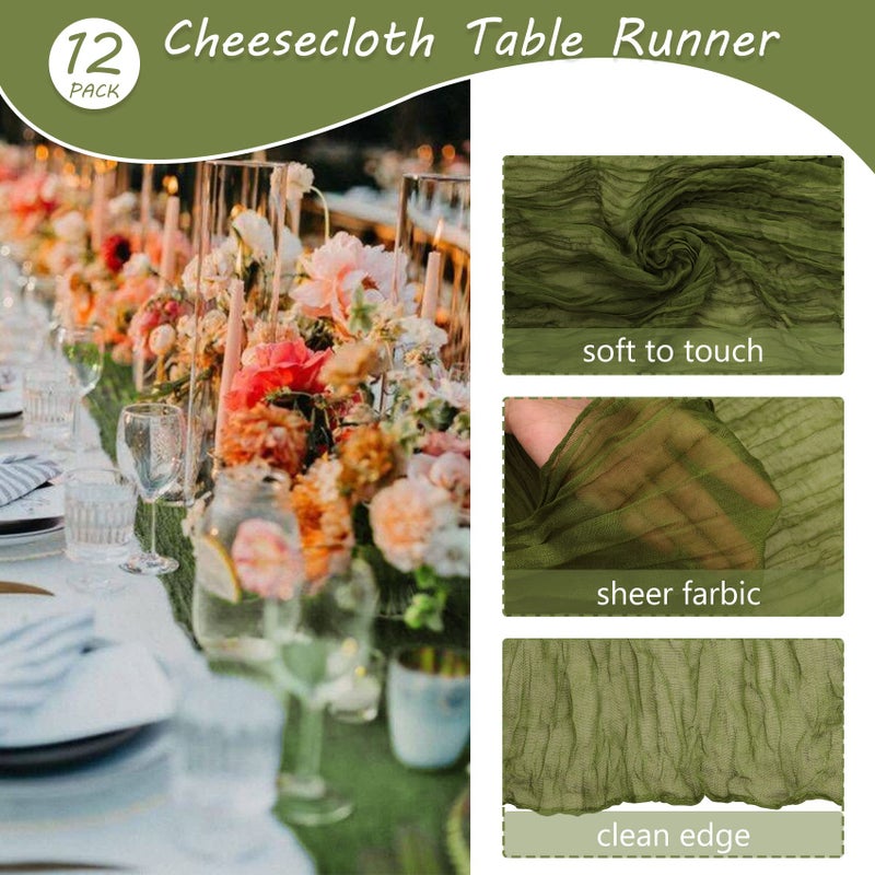 Fivenl 12 Pack 10Ft Cheesecloth Table Runner 35x120 Inch Boho Gauze Table Runner Rustic Cheese Cloth Long Romantic Table Runners for Wedding Bridal Shower Birthday Party Table Decor (Grass Green) - Image 4