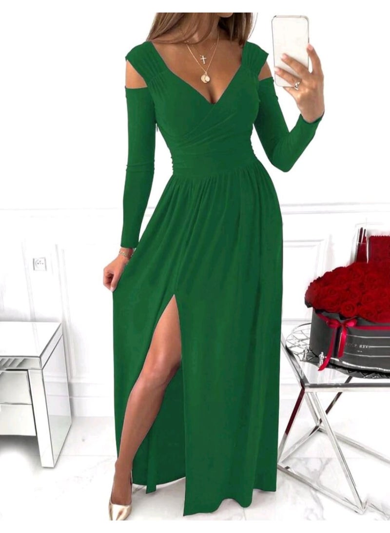 SHEIN V-Neck Elegant Design Party Dress With Cold Shoulder Details Thigh Slit Long Dress - Image 2