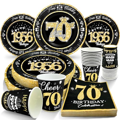 algpty 70th Birthday Decorations Plates and Napkins Black and Gold Service for 30 Vintage 1956 Birthday Party Bundle Includes Black Gold Plates Napkins Cups 70th Birthday Supplies for Men Women - Image 1