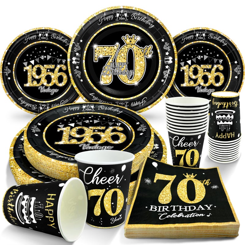 algpty 70th Birthday Decorations Plates and Napkins Black and Gold Service for 30 Vintage 1956 Birthday Party Bundle Includes Black Gold Plates Napkins Cups 70th Birthday Supplies for Men Women - Image 2
