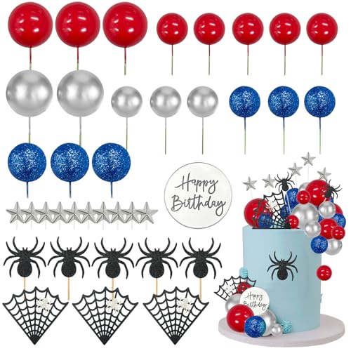 Morofme Spider Cake Topper Spider Web Cupcake Decorations Spiders Theme Cake Decor Glitter Happy Birthday Toppers Stars Red Silver Blue Balls Cupcake Topper for Boys Men Baby Shower Party Supplies - Image 1