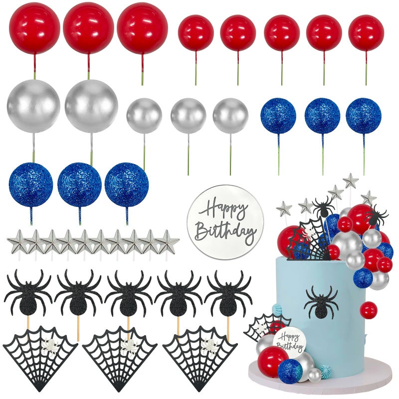 Morofme Spider Cake Topper Spider Web Cupcake Decorations Spiders Theme Cake Decor Glitter Happy Birthday Toppers Stars Red Silver Blue Balls Cupcake Topper for Boys Men Baby Shower Party Supplies - Image 2