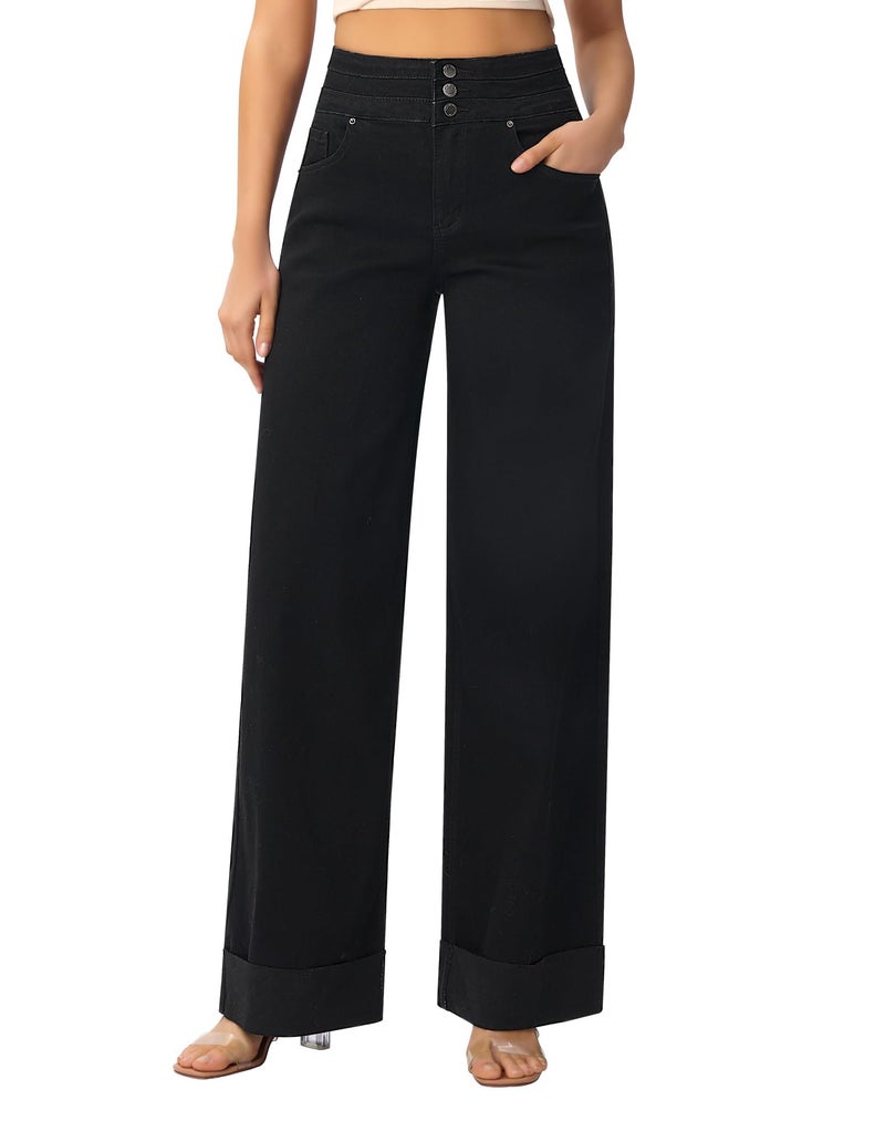 roswear Women's High Waisted Stretchy Wide Leg Jeans Cuffed Baggy Jeans Loose Denim Pants Black Large - Image 1