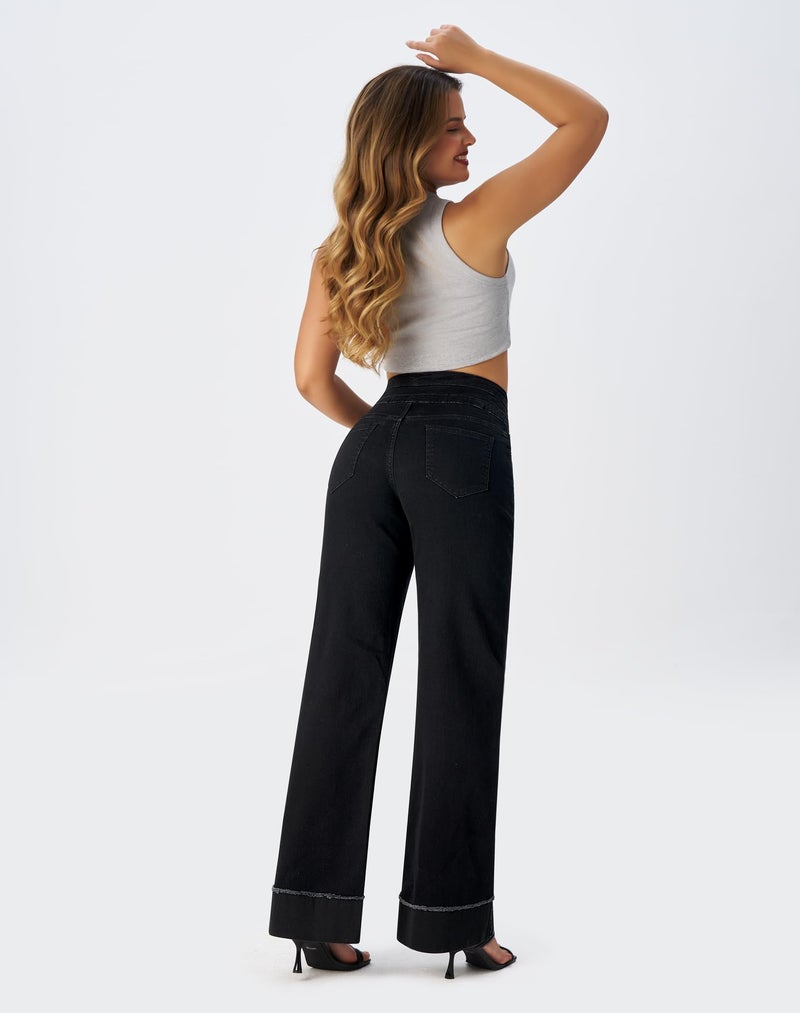 roswear Women's High Waisted Stretchy Wide Leg Jeans Cuffed Baggy Jeans Loose Denim Pants Black Large - Image 4