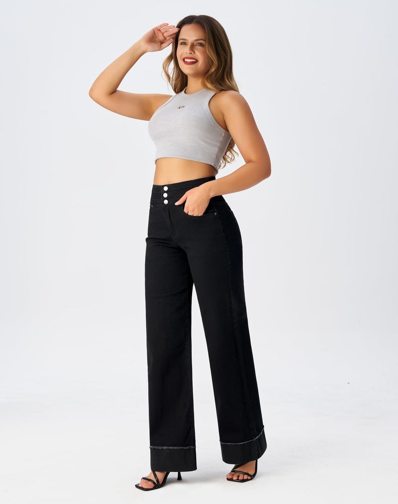roswear Women's High Waisted Stretchy Wide Leg Jeans Cuffed Baggy Jeans Loose Denim Pants Black Large - Image 3