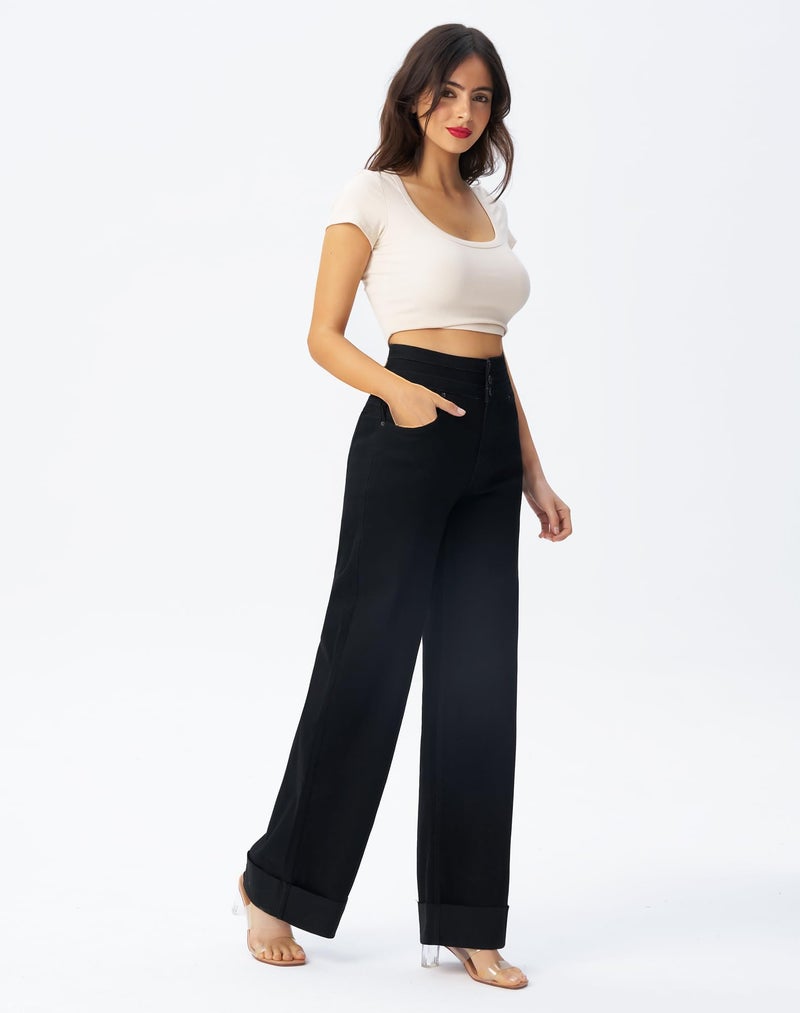 roswear Women's High Waisted Stretchy Wide Leg Jeans Cuffed Baggy Jeans Loose Denim Pants Black Large - Image 5