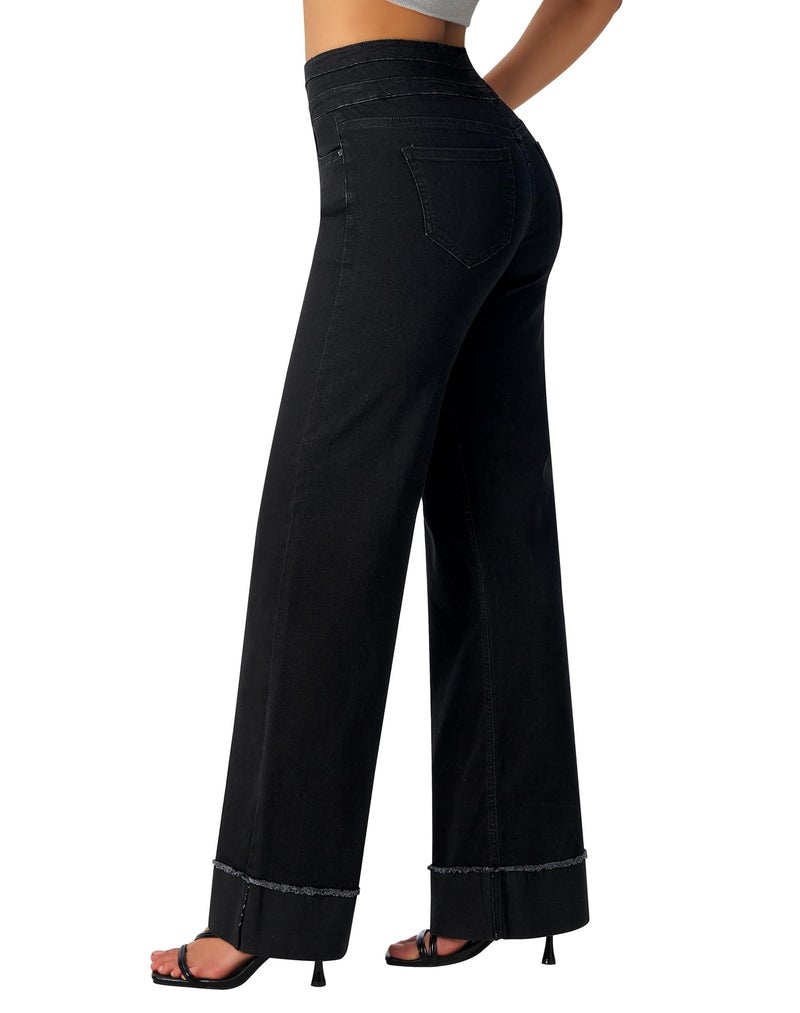 roswear Women's High Waisted Stretchy Wide Leg Jeans Cuffed Baggy Jeans Loose Denim Pants Black Large - Image 2