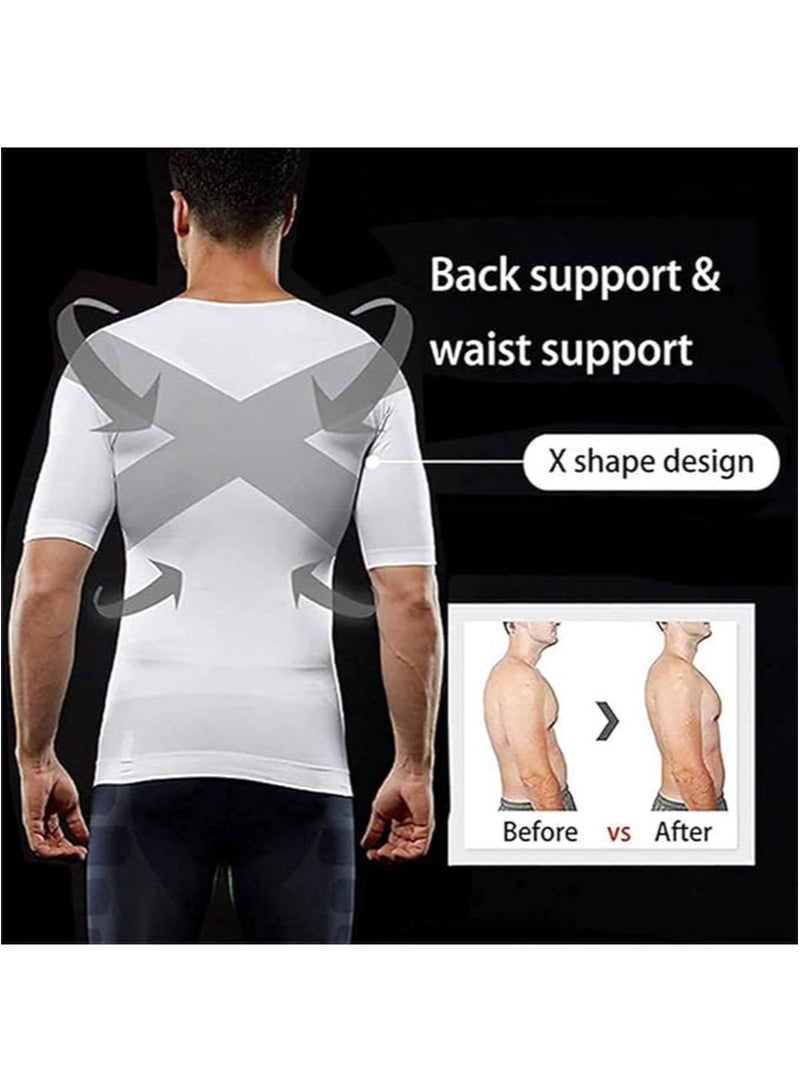 Apustim Men's Body Shaping Slimming Vest 2 Pack Compression Muscle Shaper Short Sleeve Slim Fit Belly Control for Daily Wear Black and White - Image 3