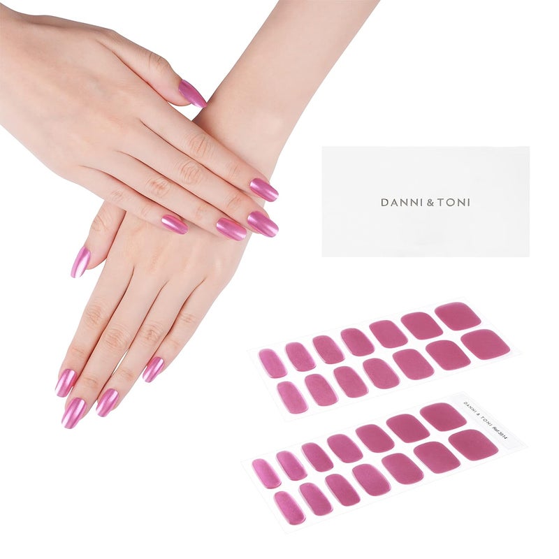 DANNI & TONI Semi Cured Gel Nail Strips (Cosmic Bloom) Metallic Gel Nail Wraps Fuchsia Glazed Donut Nails Mirror Nails 28 Stickers