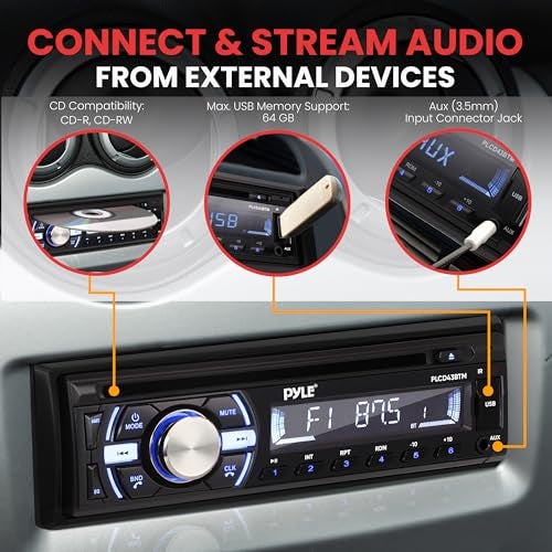 Pyle Boat Bluetooth Marine Stereo Receiver - Marine Head Unit Din Single Stereo Speaker Receiver - Wireless Music Streaming, Hands-Free Calling, CD Player/MP3/USB/AUX/ AM FM Radio -PLCD43BTM (Black) - Image 3