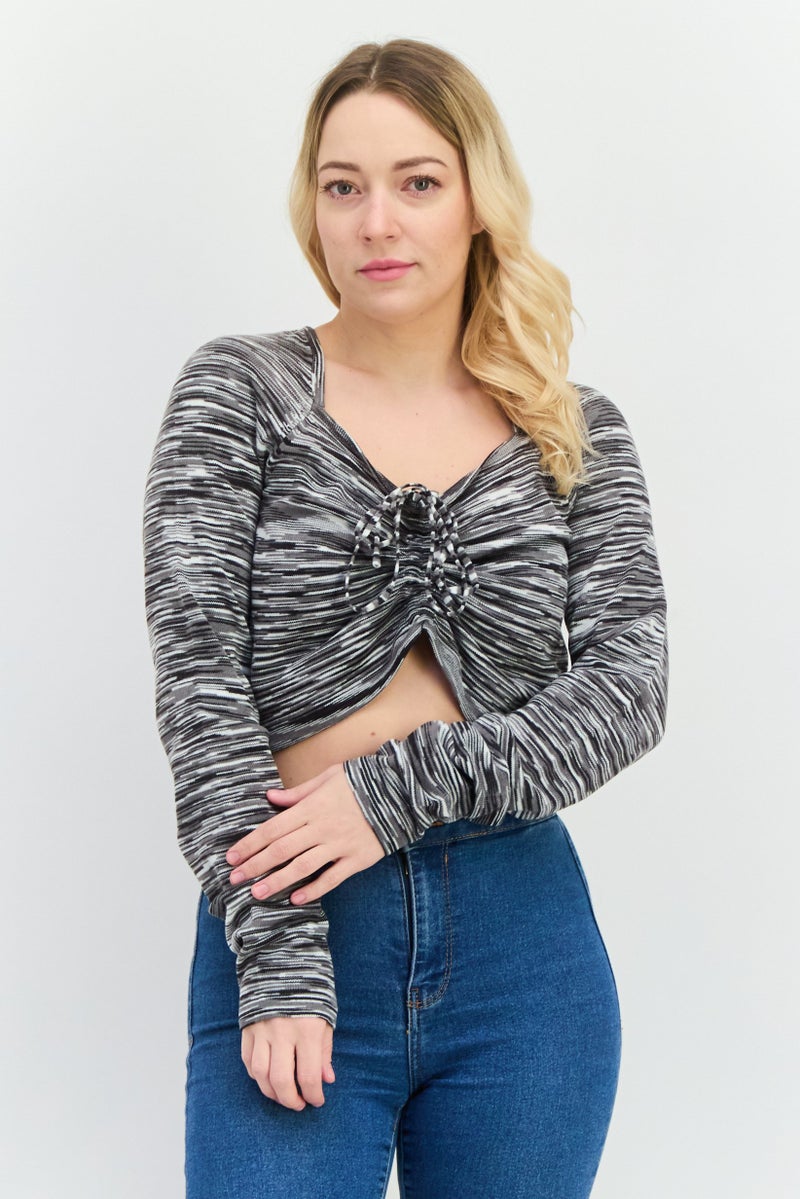 LOST INK Women V-Neck Long Sleeve Heather Top, Grey - Image 1