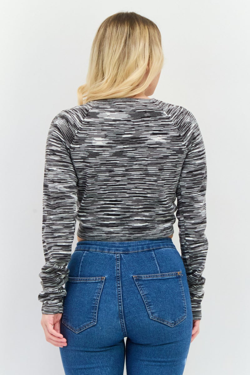LOST INK Women V-Neck Long Sleeve Heather Top, Grey - Image 3