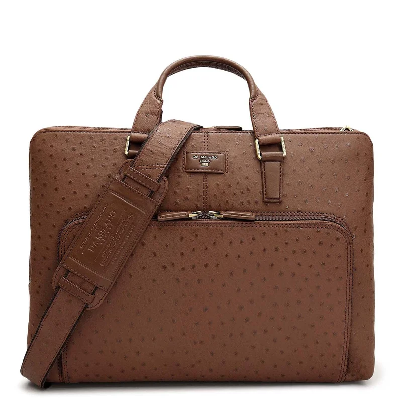 Da Milano Mocha Ostrich Leather Laptop Bag - Mocha  | Best Price UAE