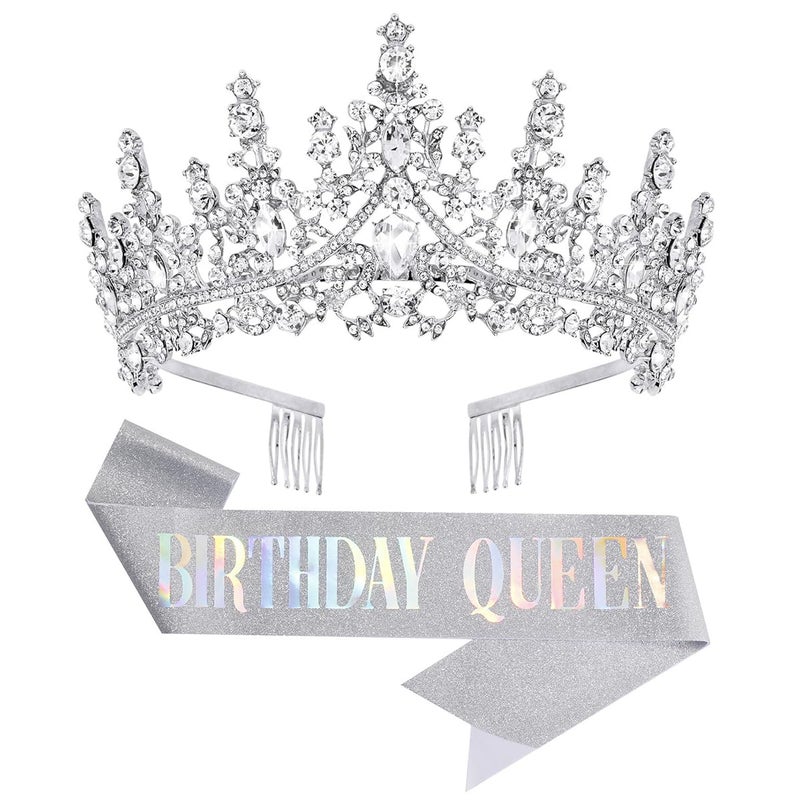 Papoopy Birthday Tiara Crown with Sash for Women, Headband Hair Accessories for Wedding Party Costume Silver - Image 1