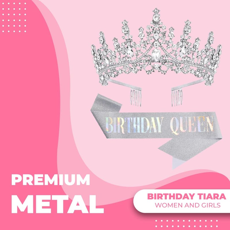 Papoopy Birthday Tiara Crown with Sash for Women, Headband Hair Accessories for Wedding Party Costume Silver - Image 2