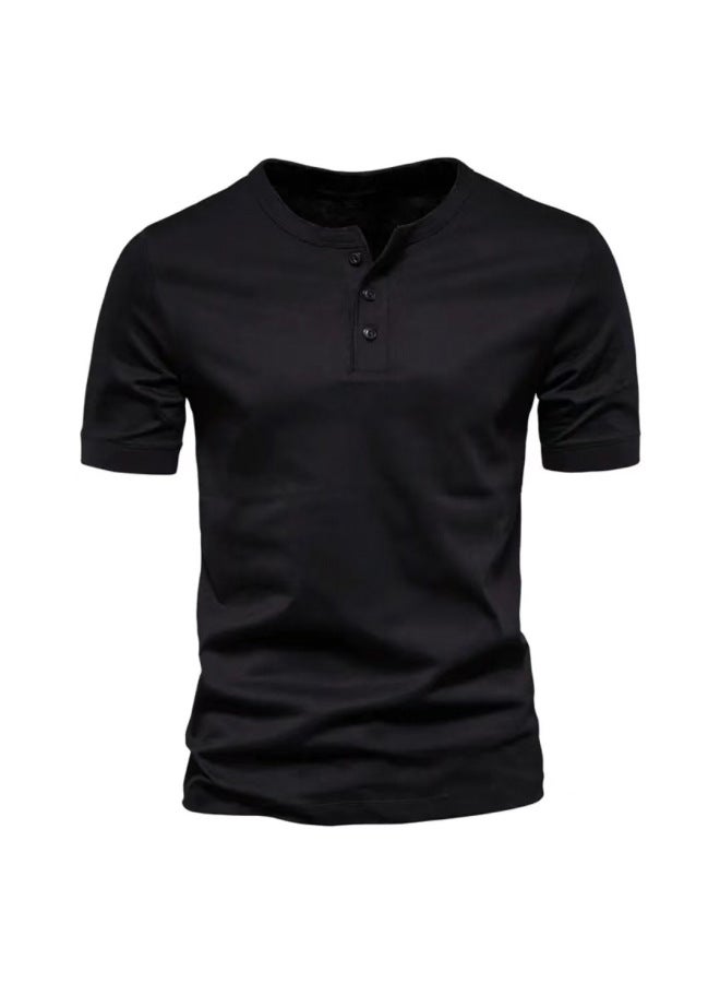 Summer Men's Wear Henley Neck Short Sleeve Solid Color Casual Slim Fit Breathable Undershirt T-shirt